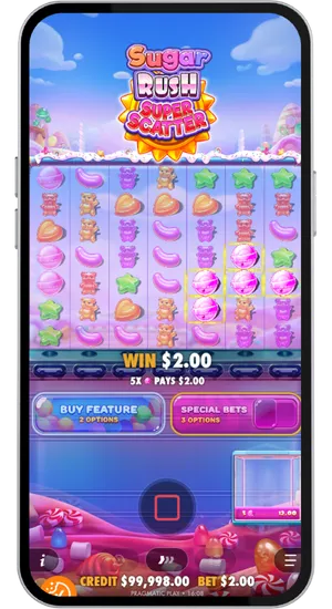 Spinknop indrukken en clusters vallen in Sugar Rush Super Scatter