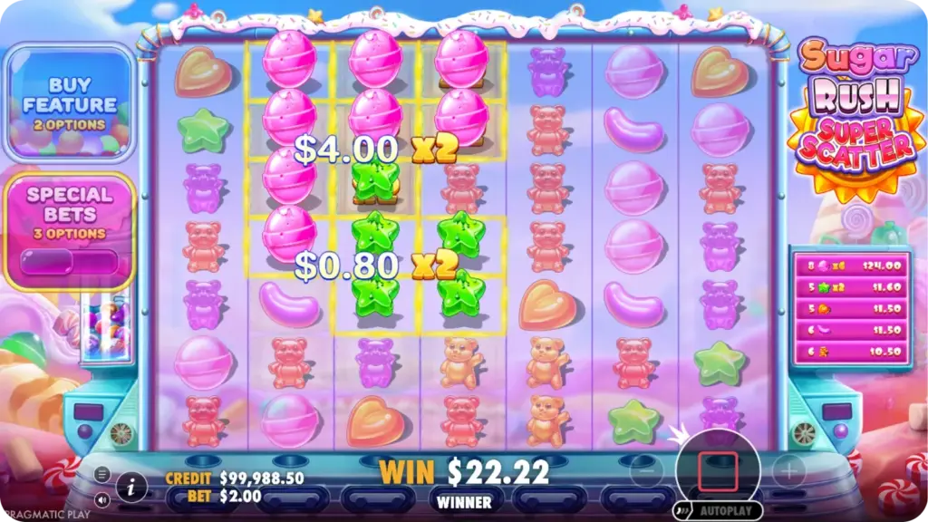 Sugar Rush Super Scatter Cluster pays en tumble systeem op het 7x7 raster met vermenigvuldigers tot x1.024
