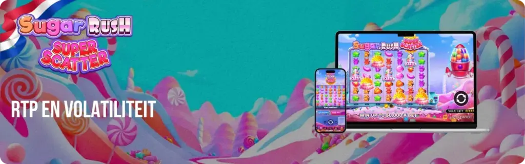 Sugar rush super scatter RTP 96,58% en volatiliteit 5 op 5 infographic