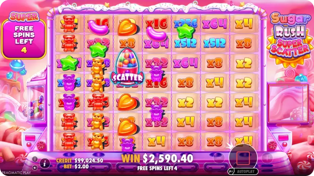 Sugar Rush Super Scatter Multiplier spots op het raster met vermenigvuldigers van 2x tot x1.024